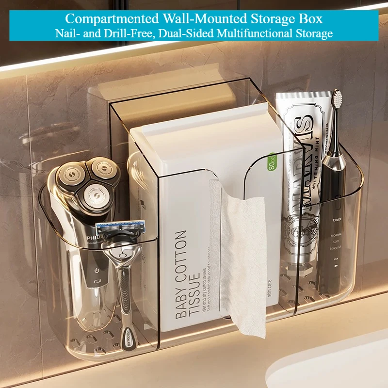 Bathroom Organizer Wall Mount Punch-Free Toothbrush Toothpaste Holder Transparent Storage Box for Tissue Razor Shower Caddy