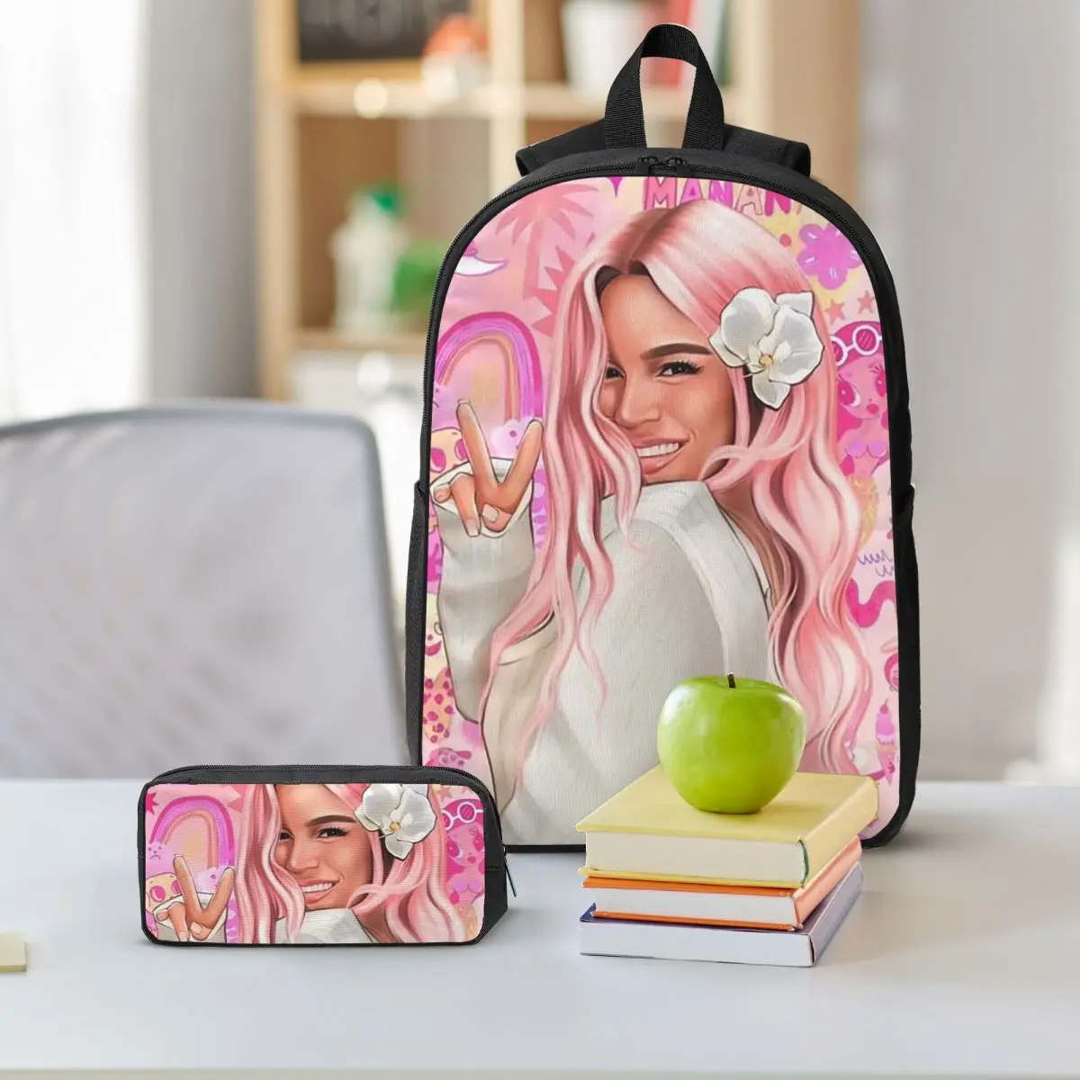 Karol G Happy Valentines Day Backpack Boys Girls BookBag School Bag Laptop Shoulder Bags 3ps Insulated Lunch Bag Pencil Case