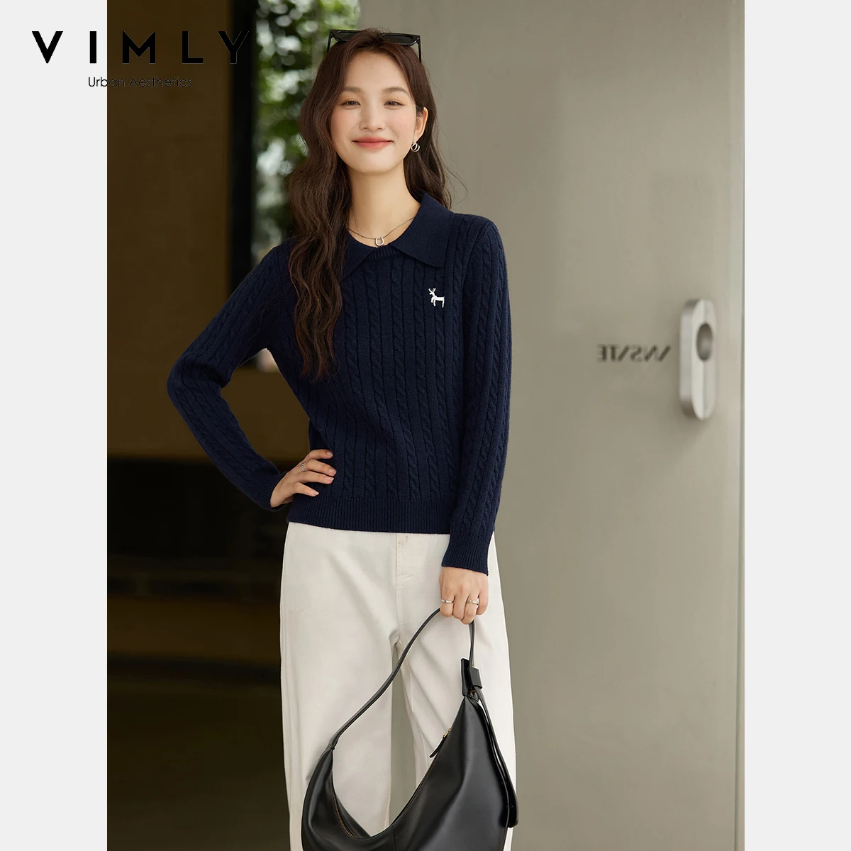 

VIMLY Navy Blue Sweater for Woman Casual Deer Embroidery 2025 Autumn Knitwear Polo Neck Pullovers Long Sleeve Female Tops 75188