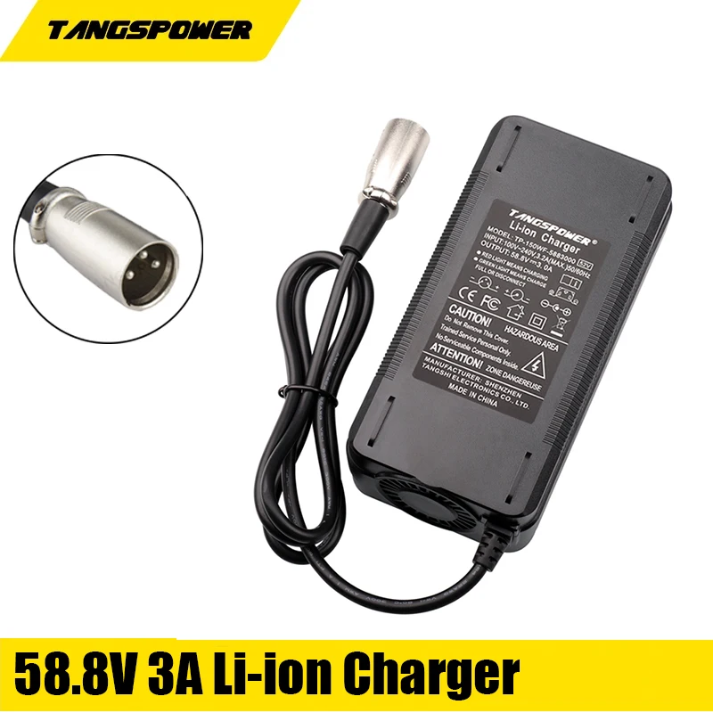 

58.8V 3A Smart Lithium Battery Charger For 14S 52V Li-ion Battery Connector 3-Pin XLR With Cooling Fan