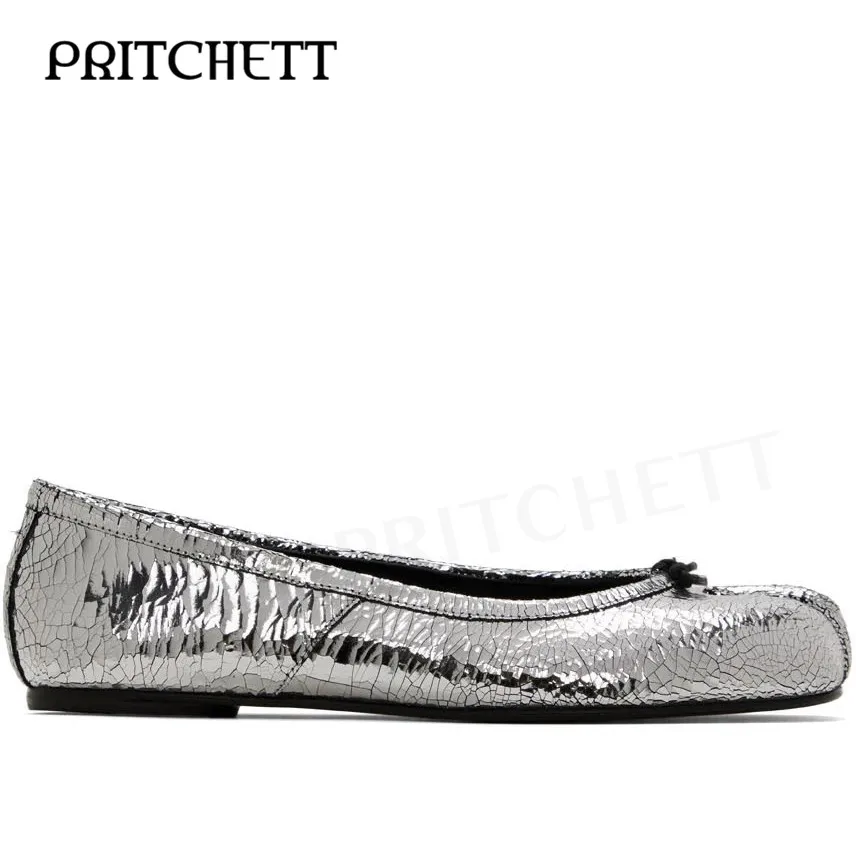 Silver Tabi Mirror Ballerina Pumps Round Toe Flats Plus Size Casual Wrinkled Leather Simple Design Fashion Shoes for Women