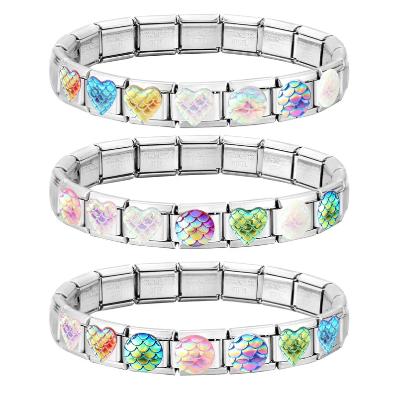 Shining Fish Scales Heart Circle Italian Charm Links Fit 9mm Bracelet Stainless Steel Women DIY Making Jewelry Gifts Wholesale