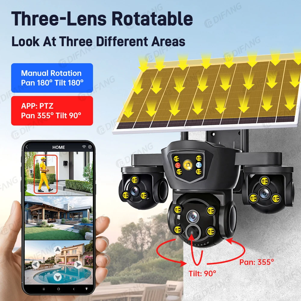 

DIFANG 8K 15MP Outdoor Surveillance Camera 4G Sim Card Three Screen Battery Security Protection Wireless Solar CCTV WiFi