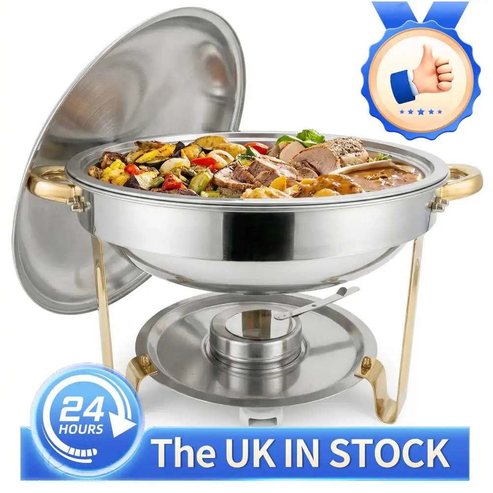 4 Pack Round Chafing Dish Buffet 5L Stackable Buffet Warmer with Alcohol Burner, Lid & Lid Holder for Parties Weddings Catering