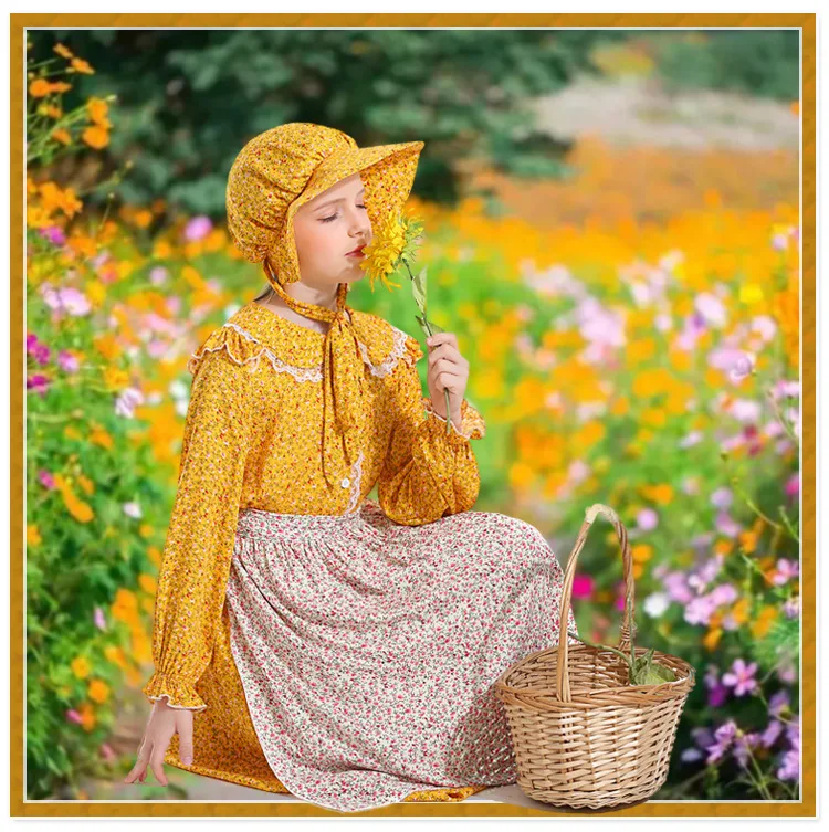 

Yellow Floral Colonial Girl Prairie Pioneer Settler Costume Pastoral Style Dress