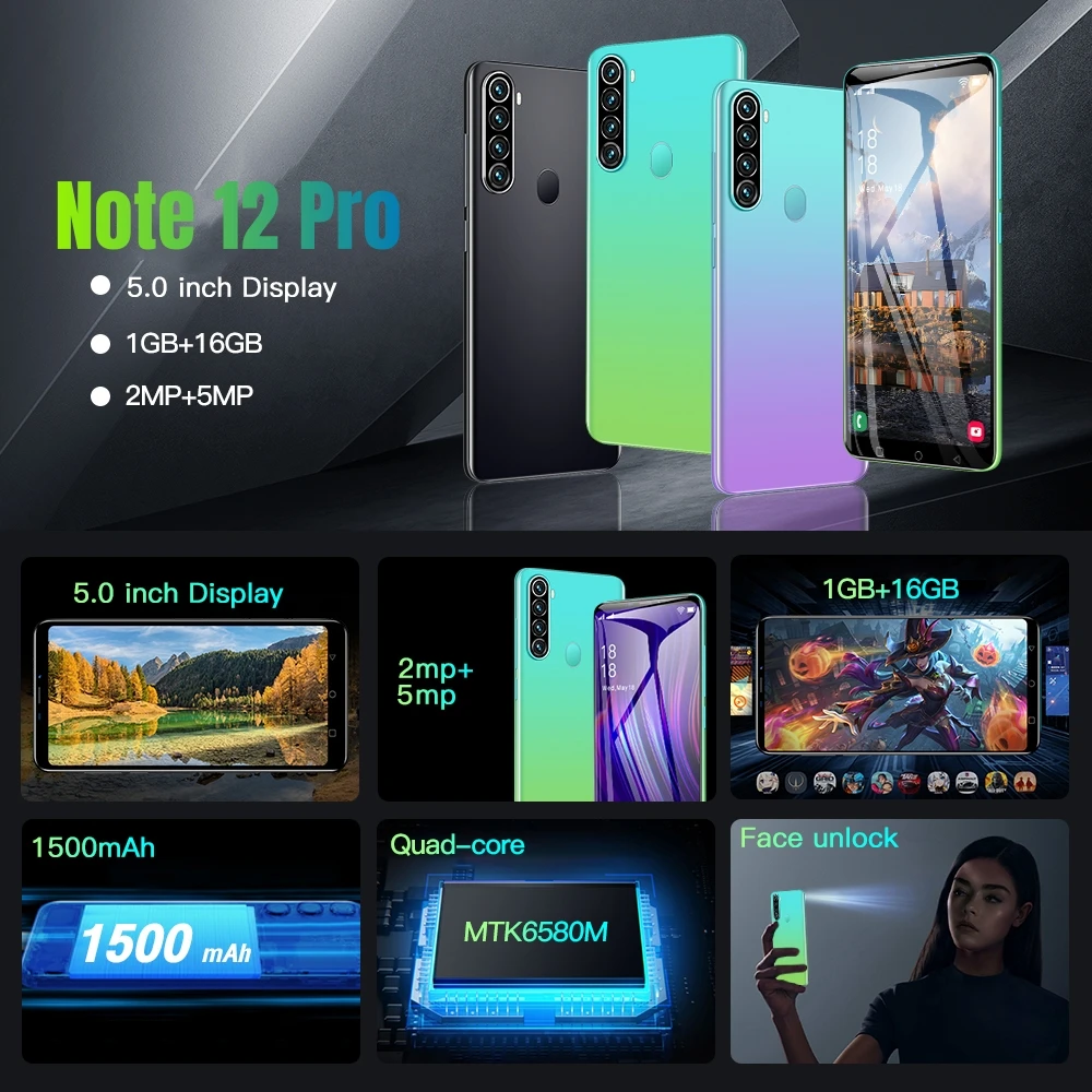 FUFFI Note 12 Pro Smartphone Android 5.0 inch 16GB ROM 1GB RAM Google play store Mobile phones 2+5MP Camera 3G Cellphones