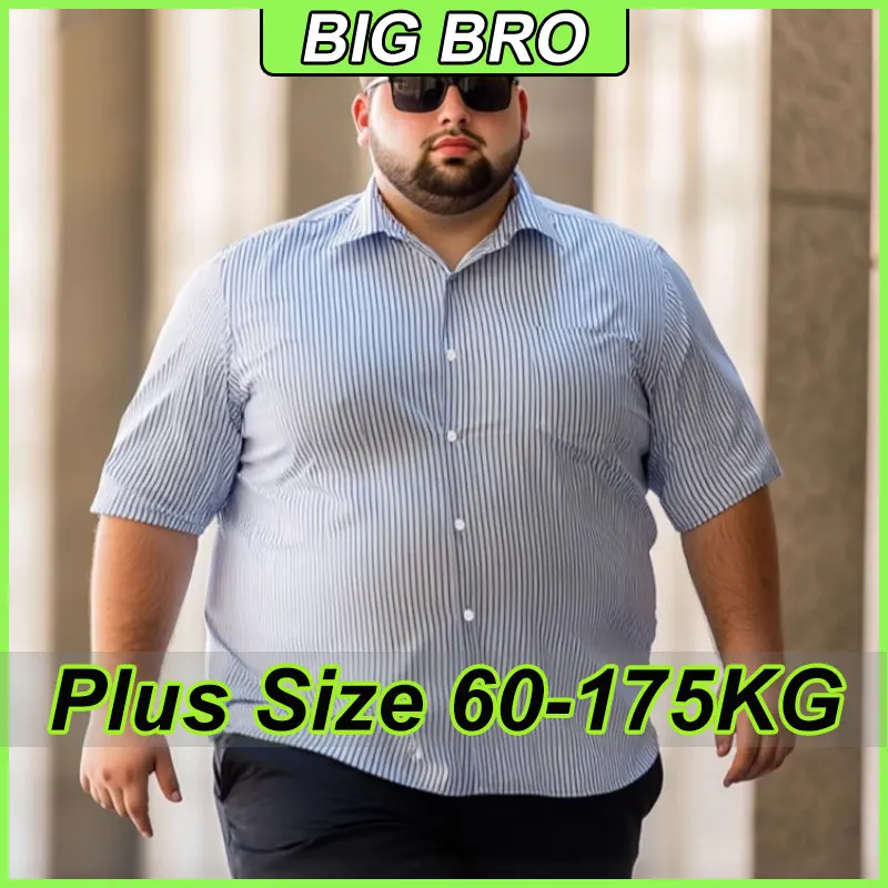 Men's Plus Size Striped Shirts 60KG-175KG Short Sleeves Tees Oversized Loose Shirt Male Business Shirt Big Tops Summer Clothing