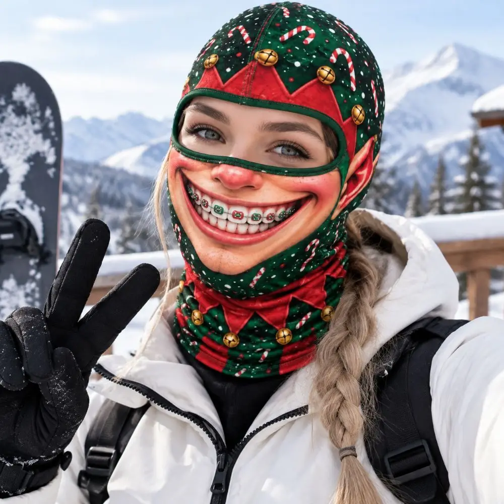 3D Printed Full Face Christmas Funny Ski Mask Snowflake Pattern Full Coverage Winter Mask Cover Breathable Eye Hole Elastic