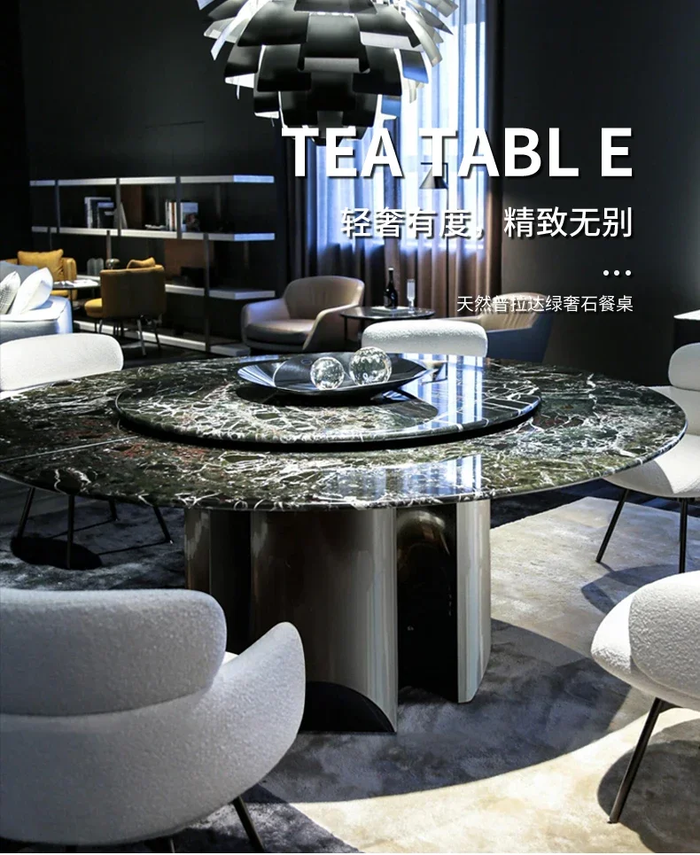 Natural green luxury stone dining table Light luxury high-end villa with turntable round table Natural marble dining table