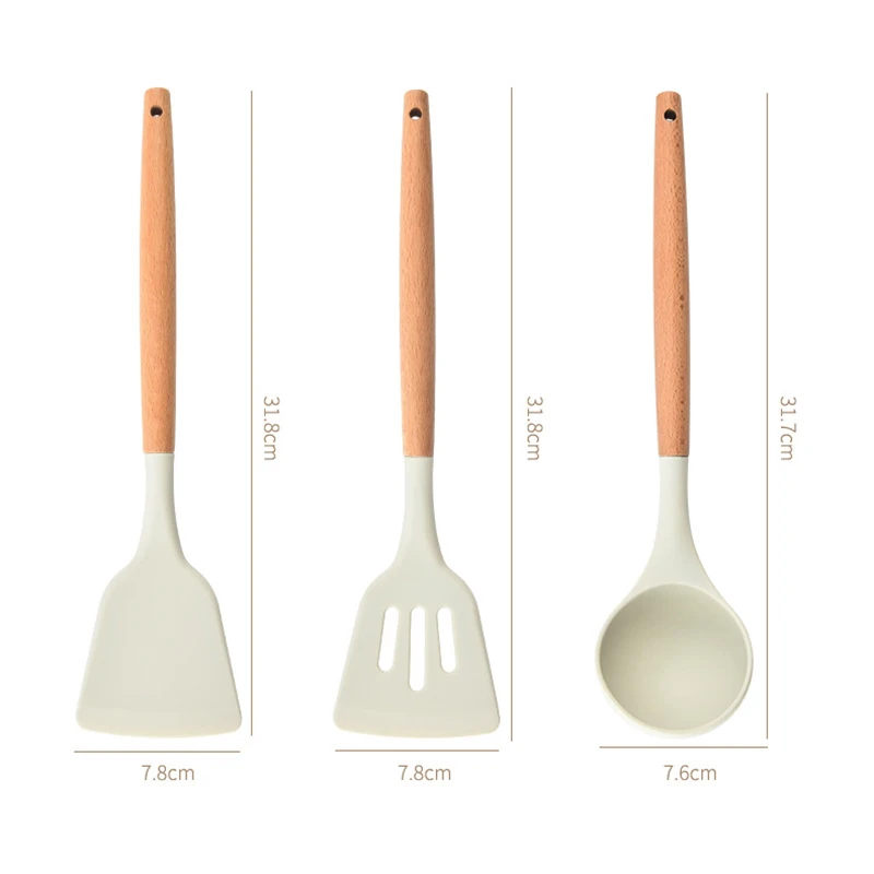 Silicone Kitchen Tools Wooden Handle Kitchenware Set Non stick Pot Wooden Handle Silicone Scoop Kitchen Utensils Set