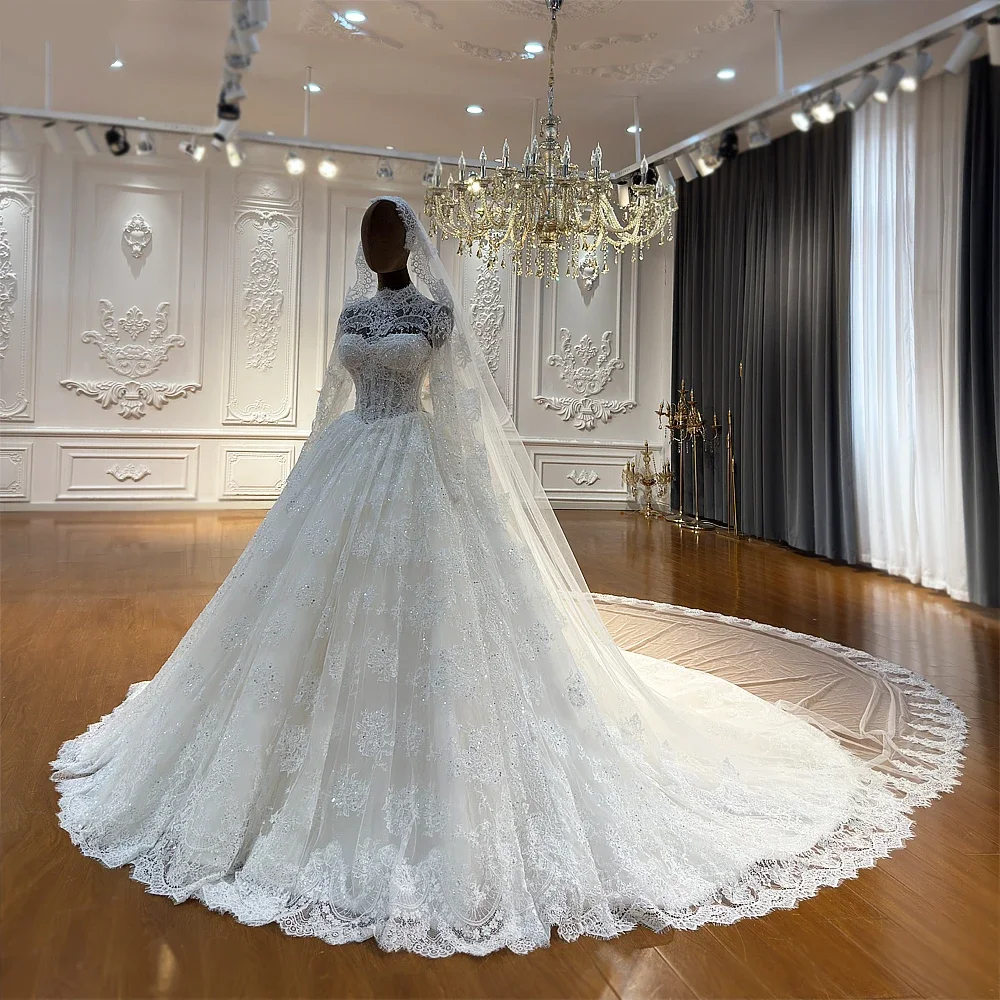 Luxury Detachable HighNeck Long Sleeve Lace Ball Gown Wedding Dress Sweetheart Corset Lace Up Custom BridalGown Vestido De Novia