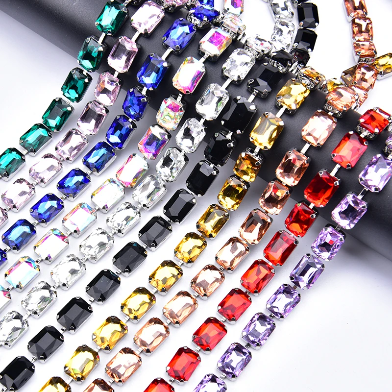 Big Rectangle Glass Silver Metal Rhinestone Cup Chain Trimming Sew on Clothing Edge Ribbon Decoration Diy Jewelry Accessories