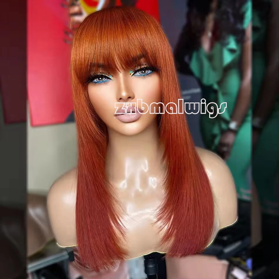 

Synthetic Hair Soft Bangs Orange Straight 13X4 Lace Front Wig For Black Women BabyHair Glueless Preplucked Daily