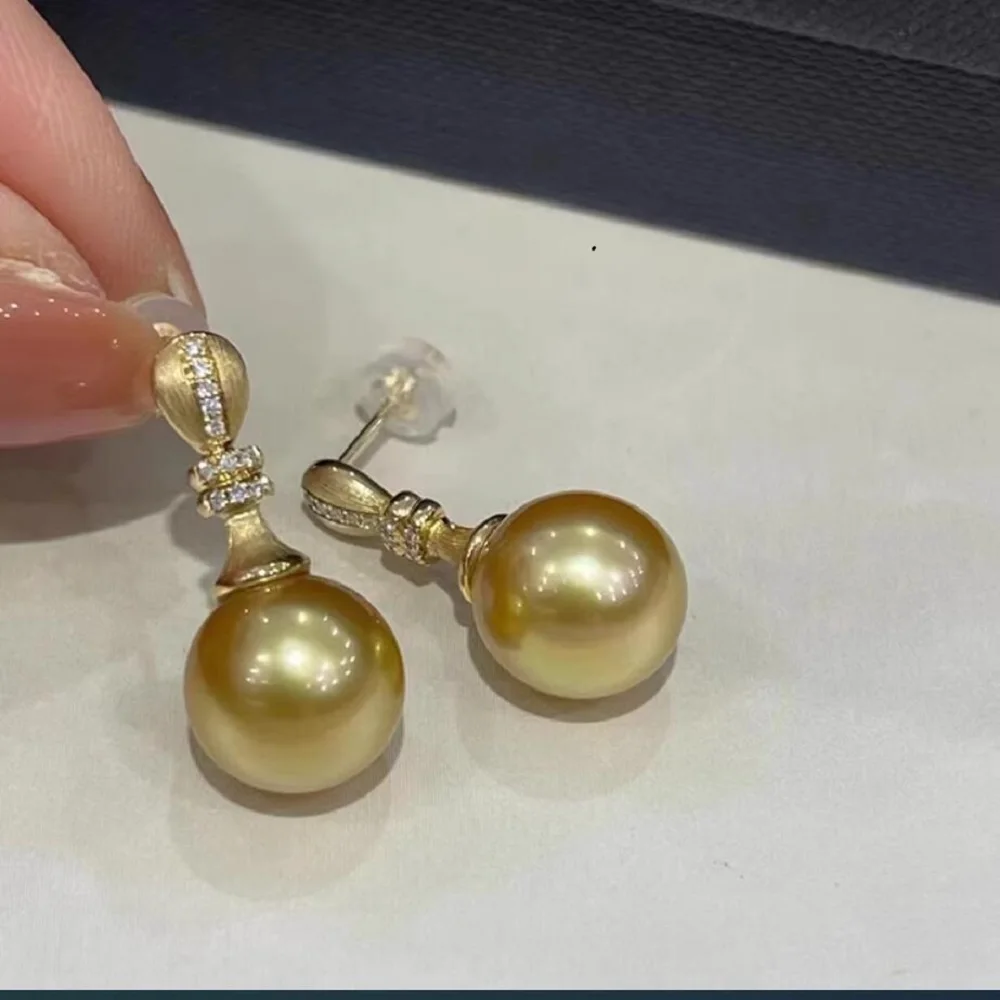 New Pearl Earrings AAAA 9-10mm10-11mm 11-12mm Natural South  Sea Natural Round Gold Pearl Earrings 925s