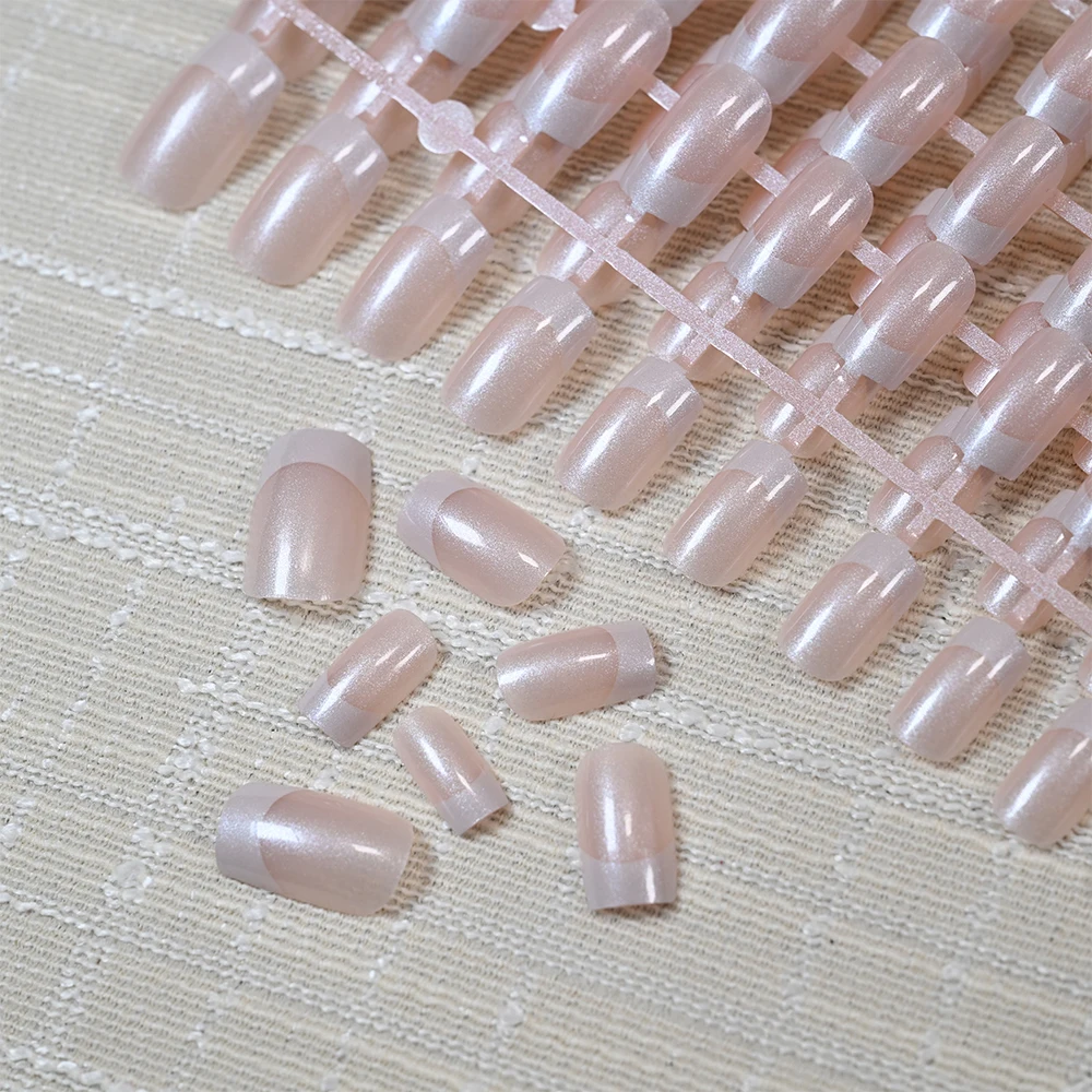 120Pcs French Pearlescent Medium Square False Nails Glossy Acrylic Full Cover Fake Nails Tips Extension Wearable Press On Nails