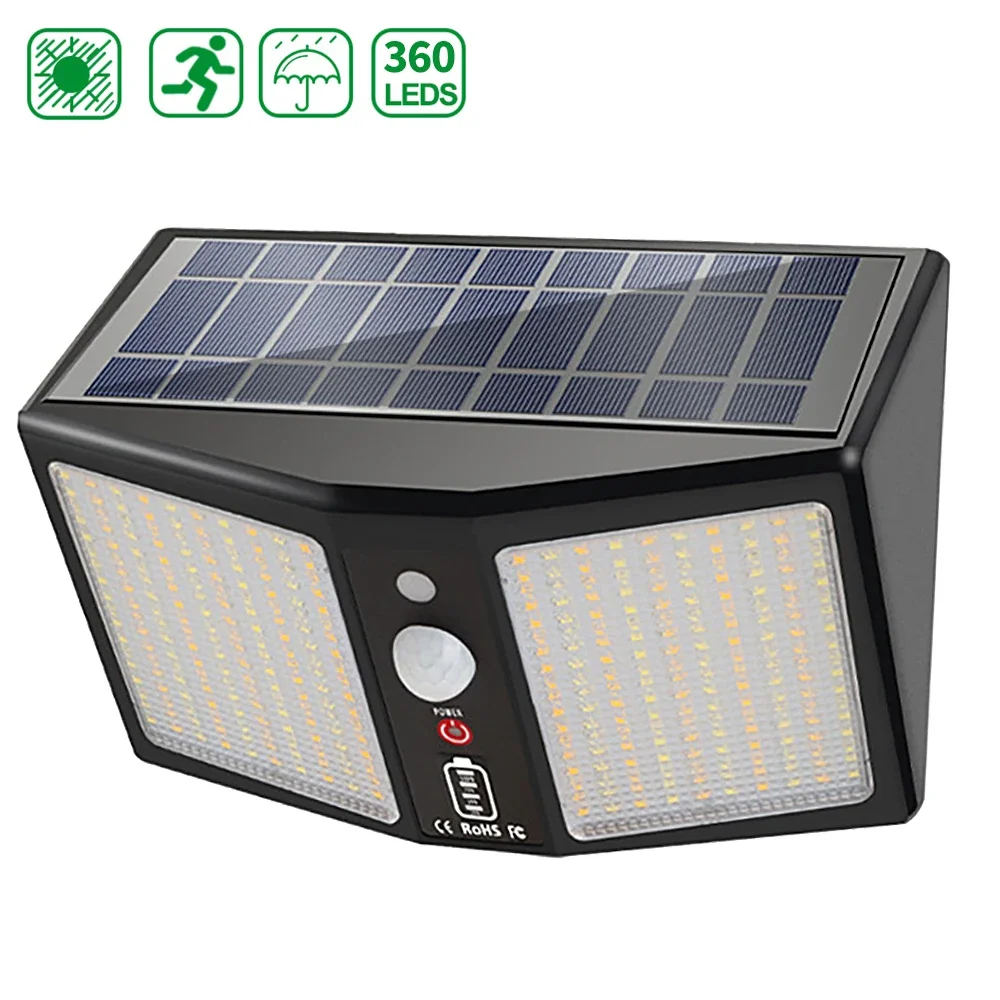 360 LED Solar Light Waterproof Outdoor Solar Lamp with Motion Sensor Light 6 Modes SunLight LED Spotlight for Garden Decoration