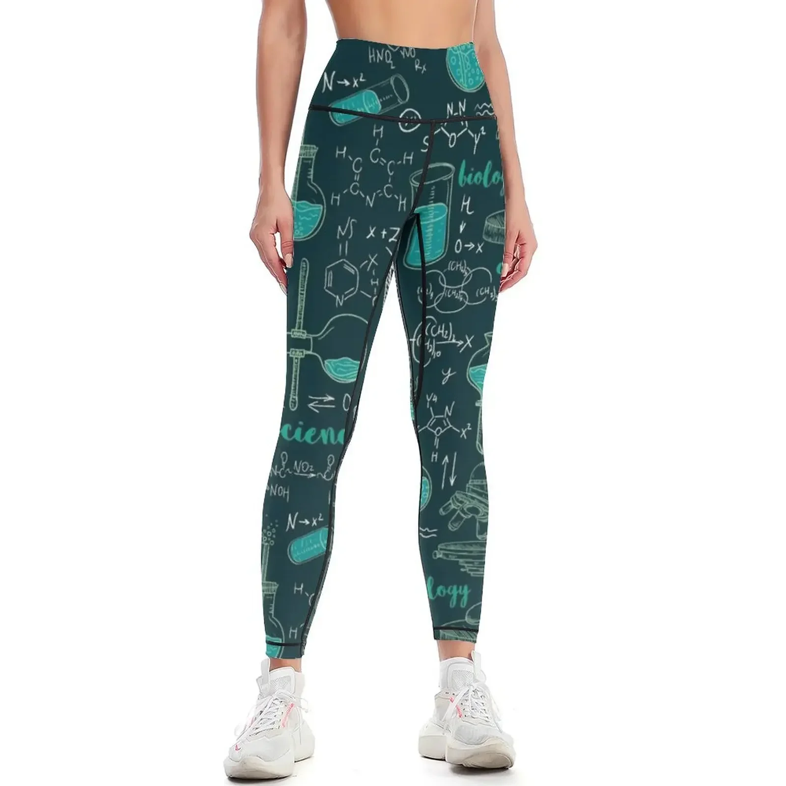 

Vintage seamless pattern old chemistry laboratory with microscope, tubes and formulas. Leggings gym top Womens Leggings