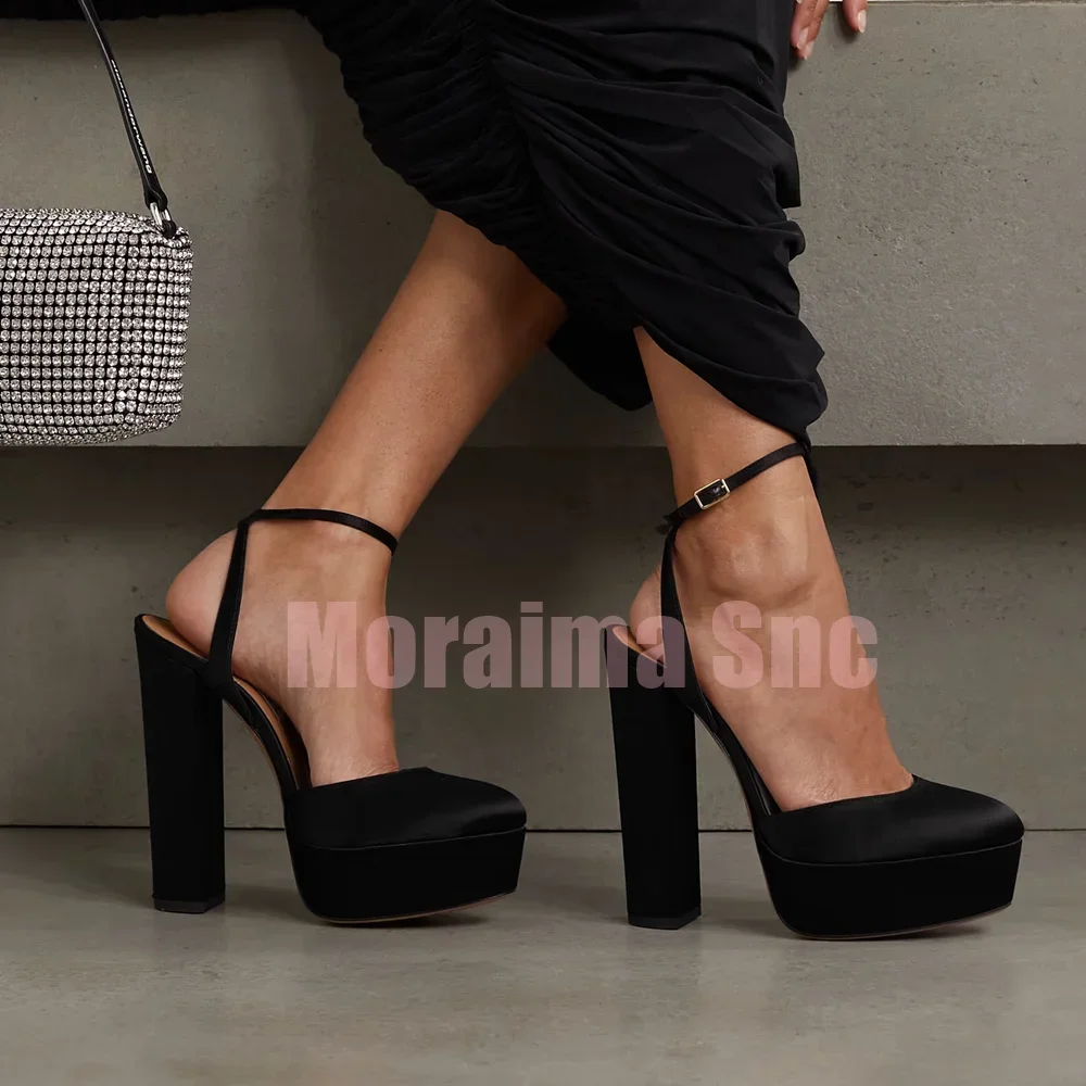 

Satin Platform Round Toe Pumps Shallow Block High Heels Ankle Buckle Strap Sexy Fashion Women's Pumps Banquet Party 2025 Newest