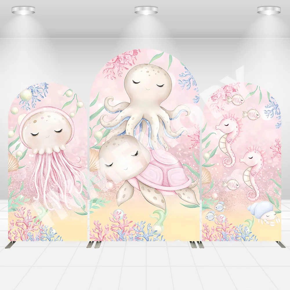 

Pink Underwater Octopus Turtle theme Arch Backdrop Cover Under the sea Girl Birthday Baby Shower Arched Wall Background Banner