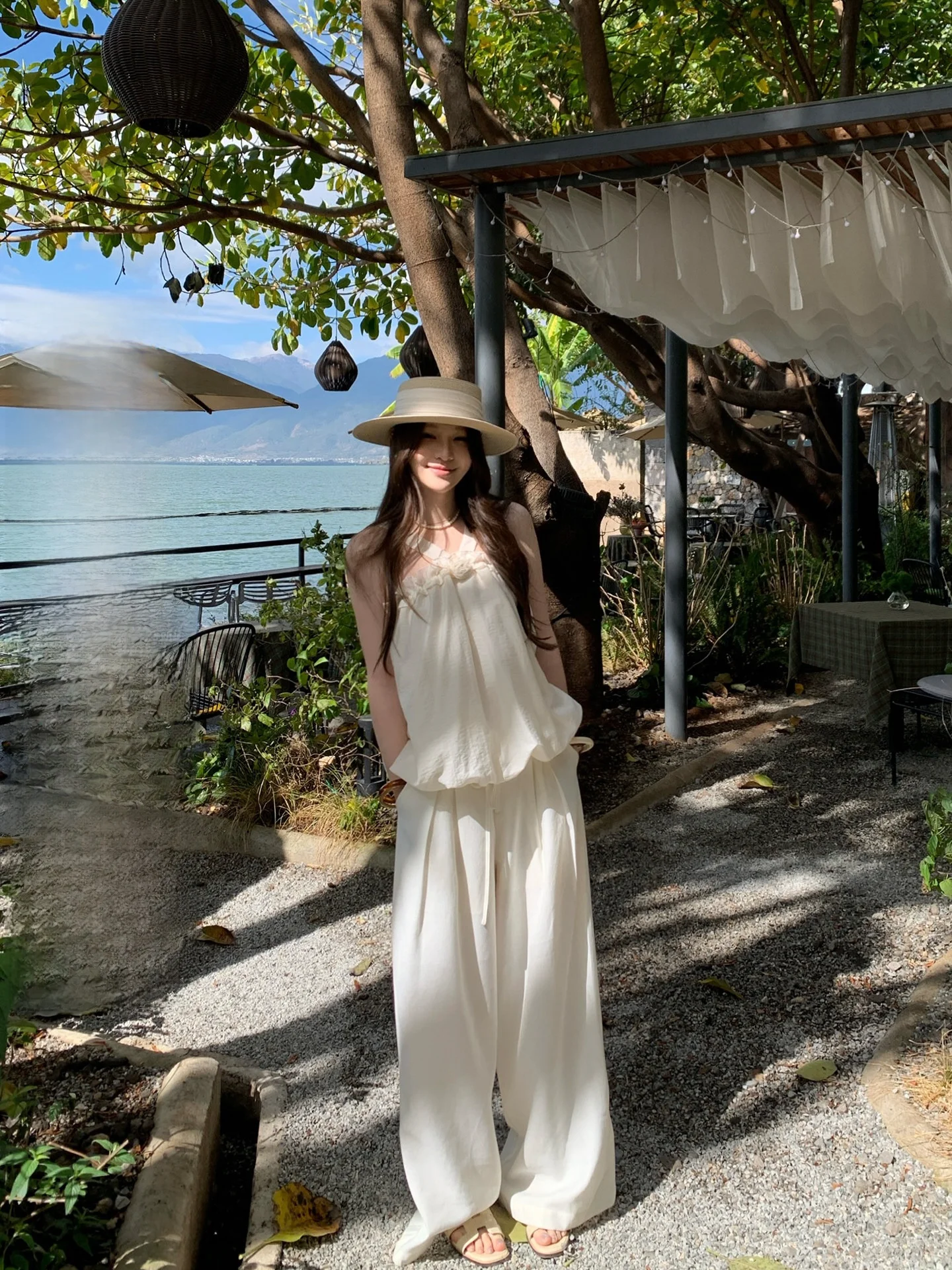 

White Casual Wide Leg Suit Pants Women's High Waist Drawstring Waist Summer Lenzing Fiber Korean Style Yellow One Grain