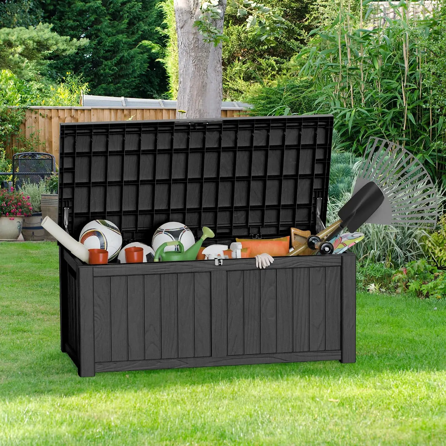 150 Gallon Deck Boxes Outdoor Waterproof, Outdoor Storage Box with Lockable Lid & UV-Resistant for Patio Furniture, Outdoor