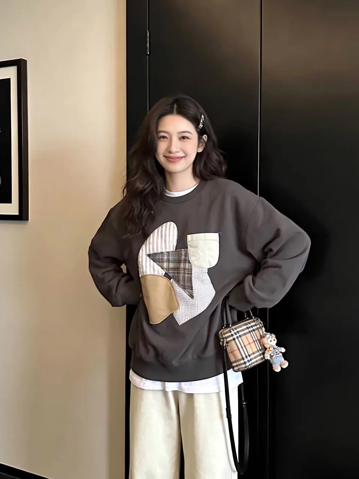 

Женский повседневный свитшот Laid-ba с длинными рукавами и круглым вырезом, в стиле пэчворк, весенний, модный, свободного кроя, с геометрическим узором