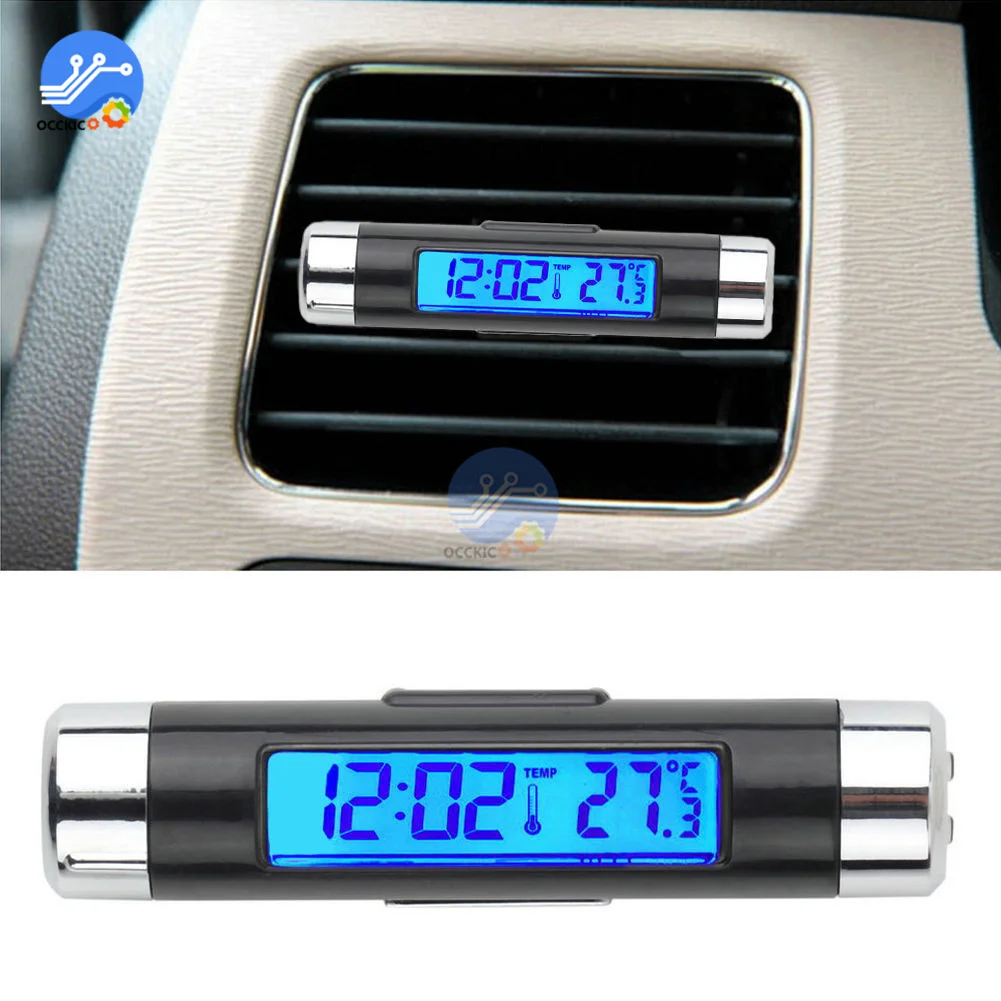 2 in 1 Car Auto Thermometer Clock Temperature LCD Display Screen Clip-on Digital Blue Back Light Automotive Accessories Portable