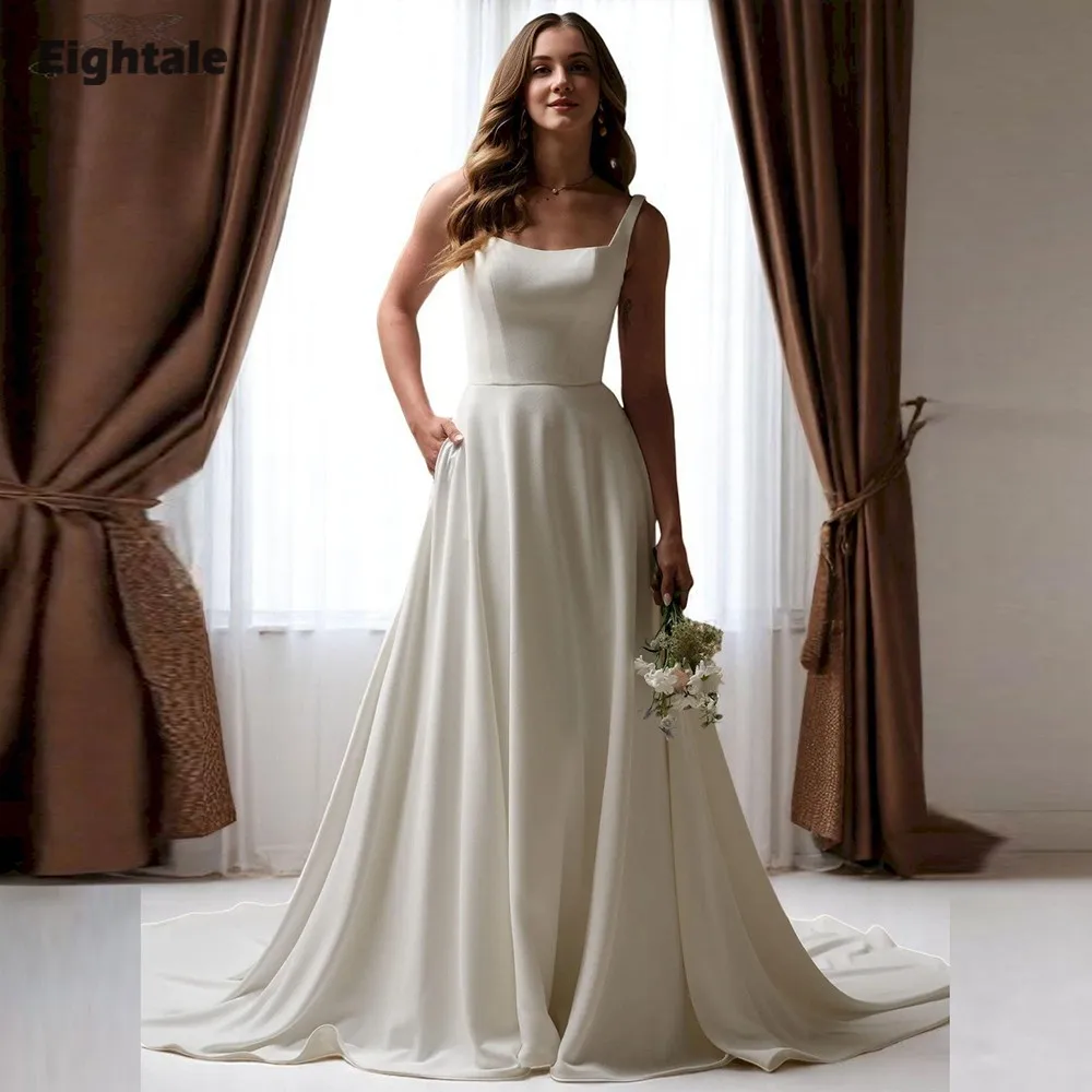 Eightale Arabic Wedding Dress Scoop Customized Ivory Satin Backless Muslim Bridal Gown A-Line Bride Party Dress