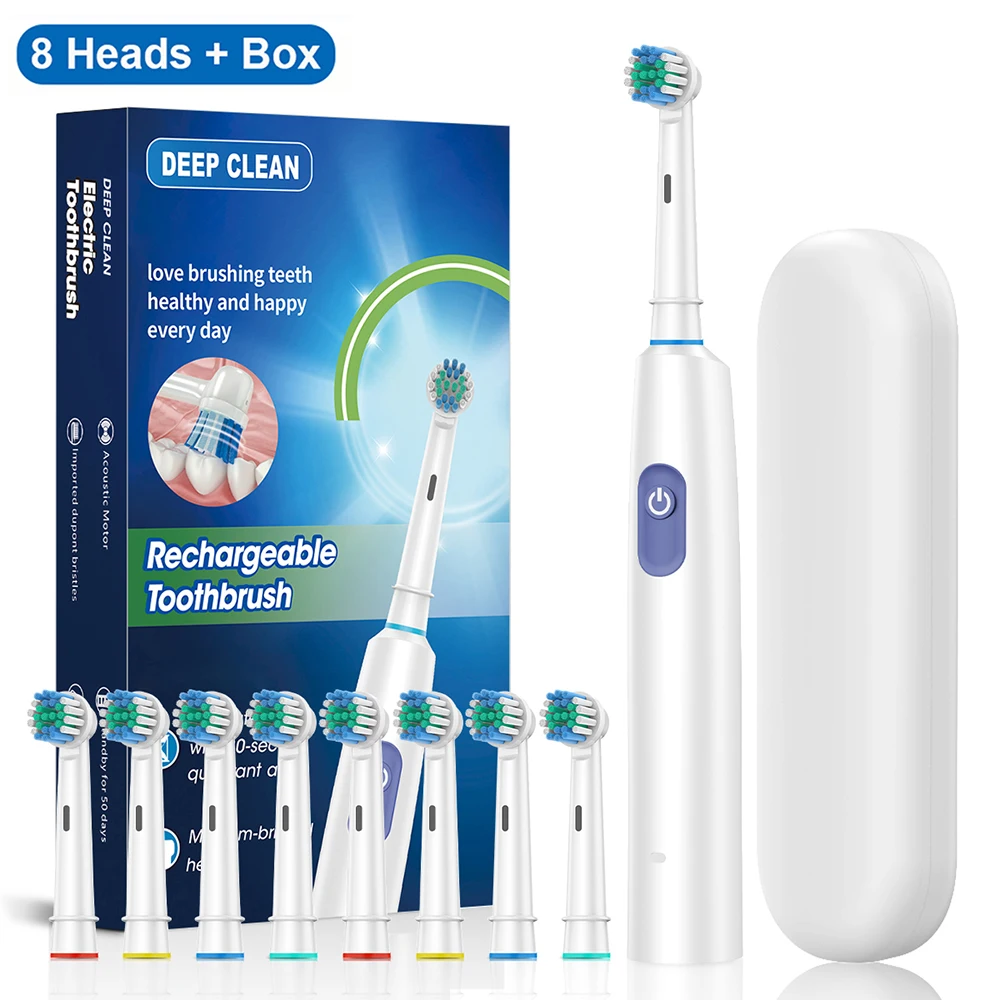 White 8 Heads Box Rotary Rechargeable Electric Toothbrush for Adults