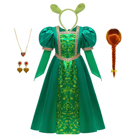 Fiona Princess Dress for Girls Children Lantern Sleeve Golden Lace Trim Puff Dress Halloween Costume Evening Party Gowns 3-10Y