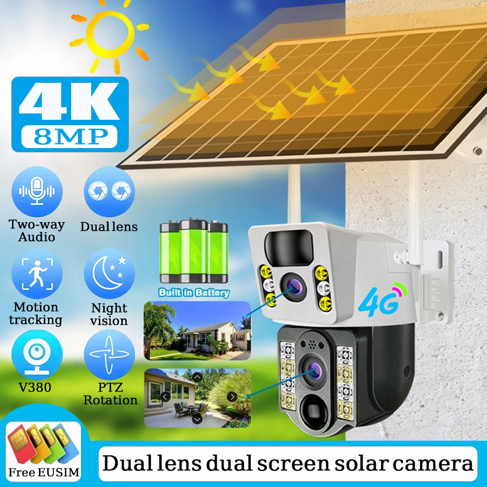 Cámara Solar Inalámbrica 4K 8MP, Cámara IP Exterior con Doble Lente y SIM 4G, Visión Nocturna PIR, V380 Pro, CCTV, Monitor de Seguridad y Protección