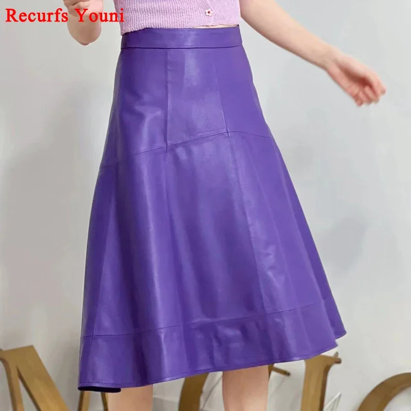 

Purple Elegant Skirt For Women Genuine Leather Slim Large Swing Wave Circular Arc Long Faldas Black Saias Femininas Streetwear