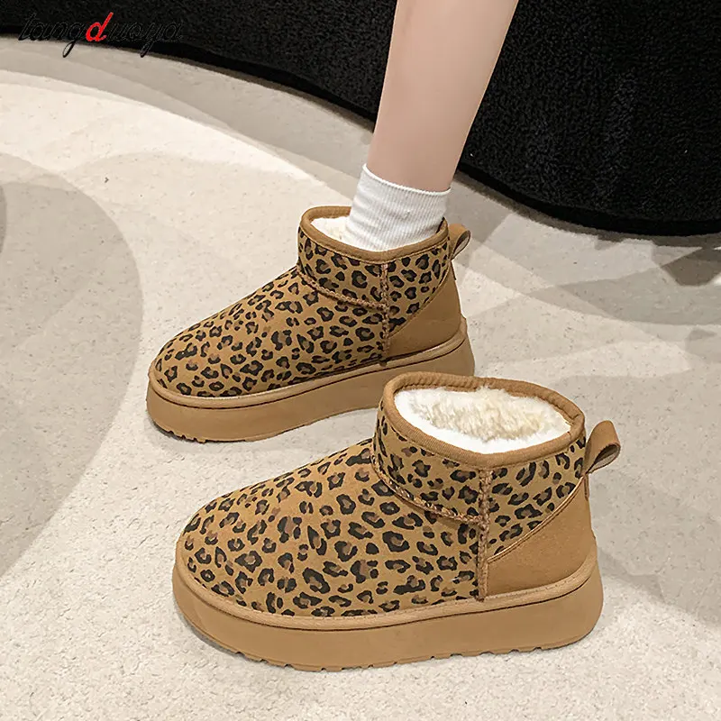 Leopard Print Suede Snow Boots Woman Platform Ankle Boots Winter New Thickened plush Warm Cotton Shoes Women  Short-Tube Boots