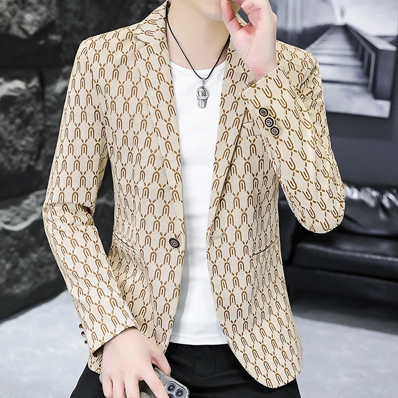 Single Breasted Printed Suit Men\'s Clothing Green / Black / Khaki Fashion Men Trend Bar KTV Prom Party Casual Blazers Jacket