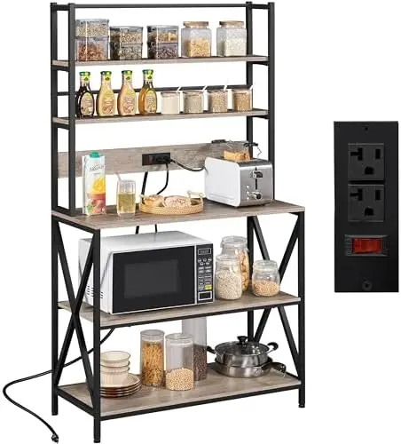 

Kitchen Bakers Rack with Power Outlet, 35.5" Width Coffee Station Microwave Oven Stand with X Designed Metal Support, Large