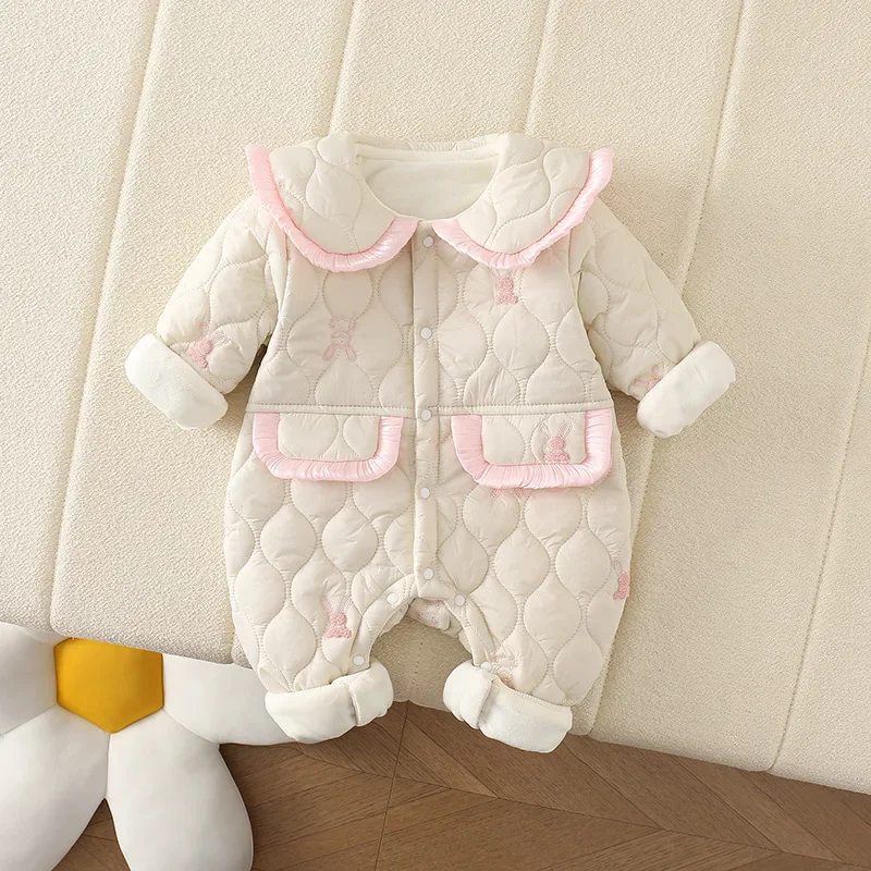 2024 New Autumn Baby Girls Romper Thin Fur Lining Outwear 0-24M Infant Sweet Embroidery Bunny Cotton Padded Jumpsuit