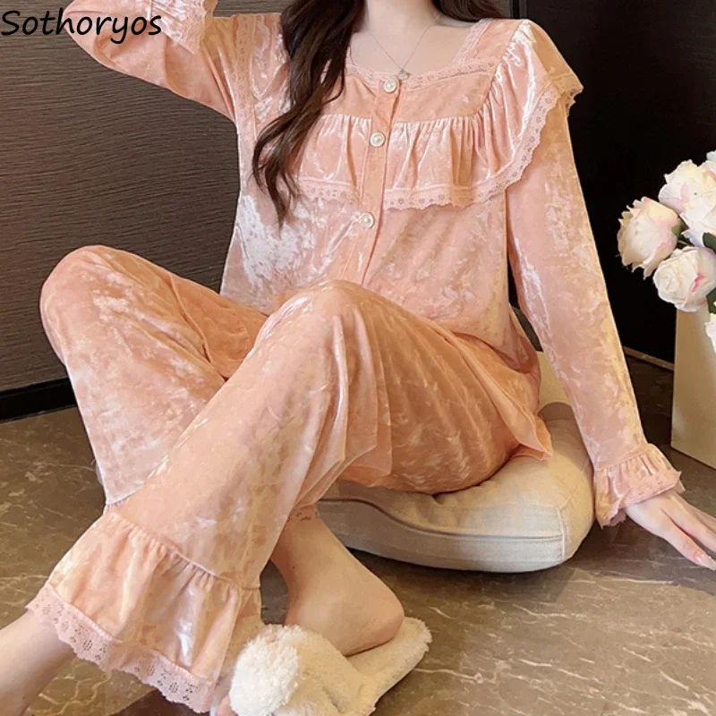 

Flare Sleeve Pajama Sets Women Pleuche Sleepwear Solid Cozy Casual Autumn Winter Fashion Home Korean Style Students Dormitory