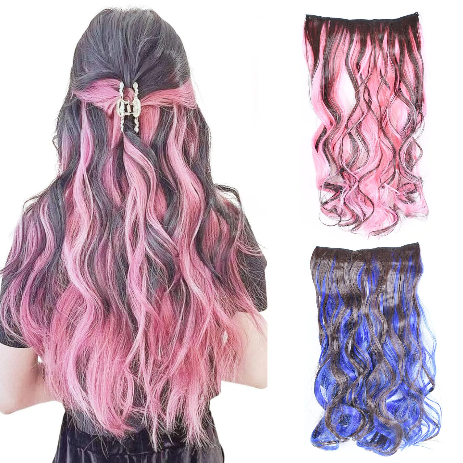 

Jeedou Stylish Wavy Synthetic Hair 5-Clip One Piece Clip-in Extension Brown Red Purple Highlight Piano Color Party Daily Use
