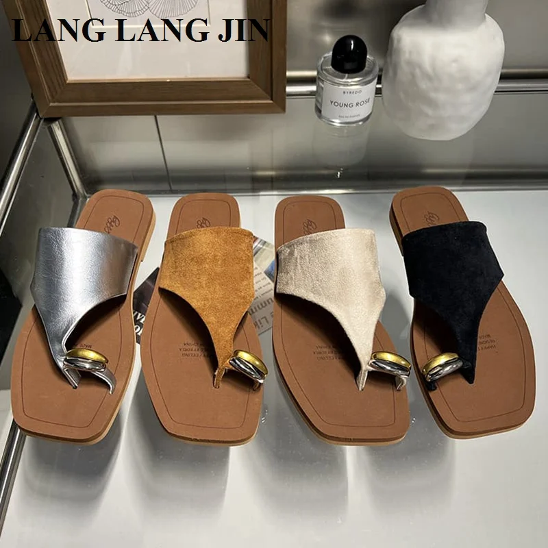 

2025 Summer Clip Toe Slippers Women Beach Slides Ladies Flats Flip Flops Luxury Fashion Metal Women Slides Female Sandals Mujer
