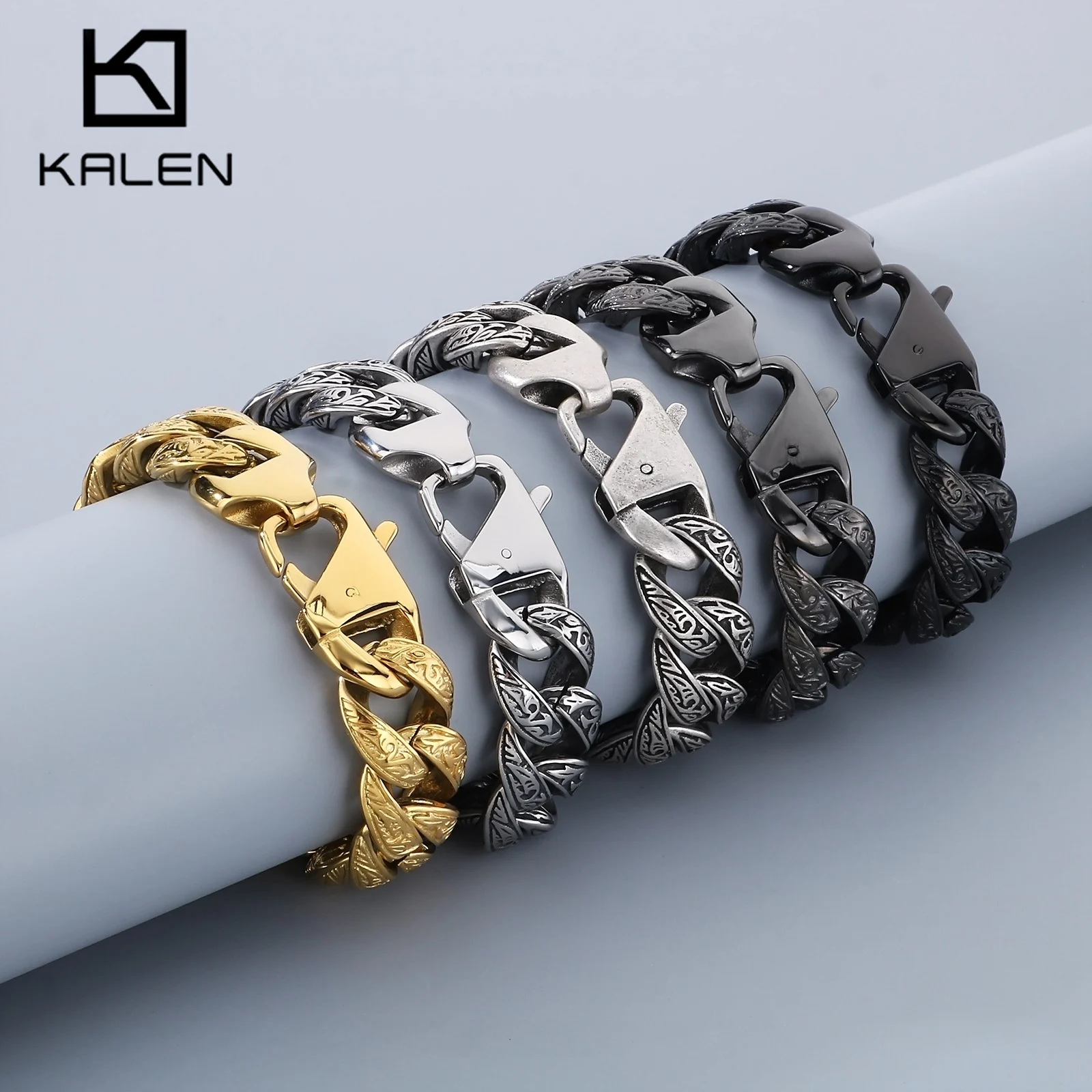 18mm Cuban Chain Bracelet With Ancient Patterns  - Stainless Steel 316L - KB111163-BD