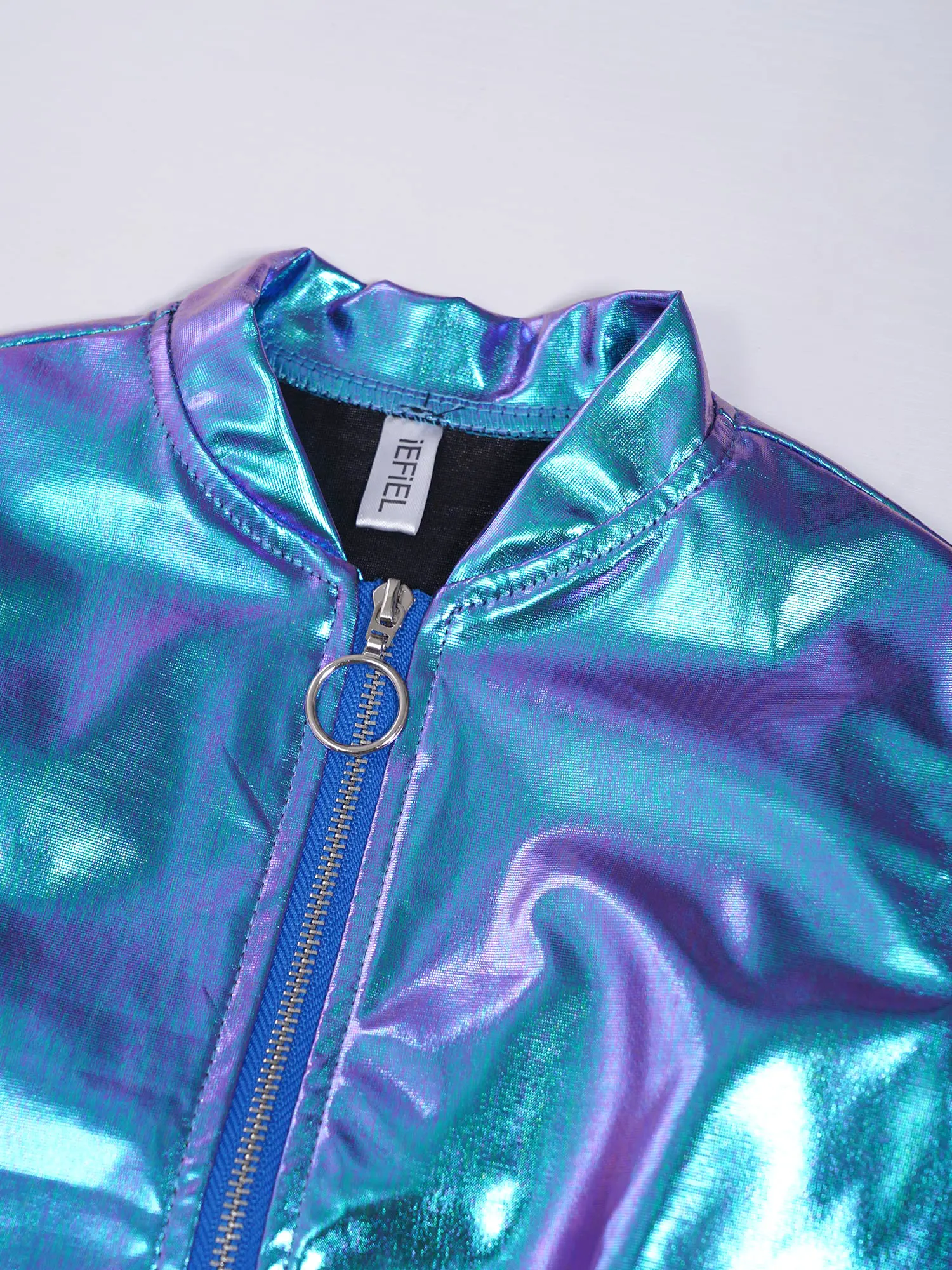 Girls Shiny Metallic Long Sleeve Zipper Bomber Jackets Casual Outerwear Coat Shirt Cropped Jacket for Hip Hop Jazz Streetwear