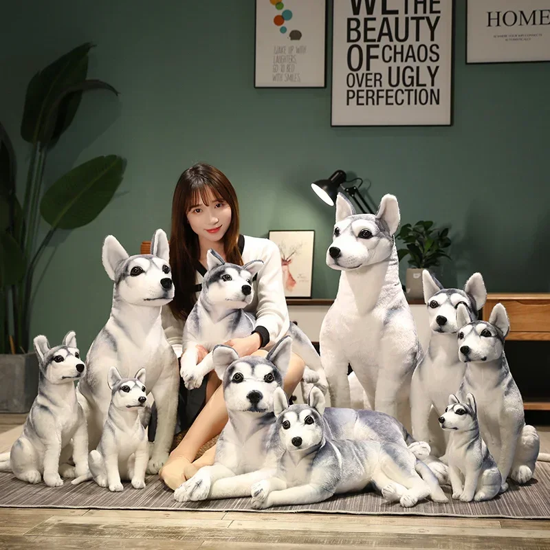 คุณภาพสูงสุนัขจําลองขนาดใหญ่ตุ๊กตาของเล่นตุ๊กตาเหมือนจริง Husky สุนัข Kawaii ตุ๊กตาตกแต่งบ้านการ์ตูนเด็กสาวของขวัญวันเกิด