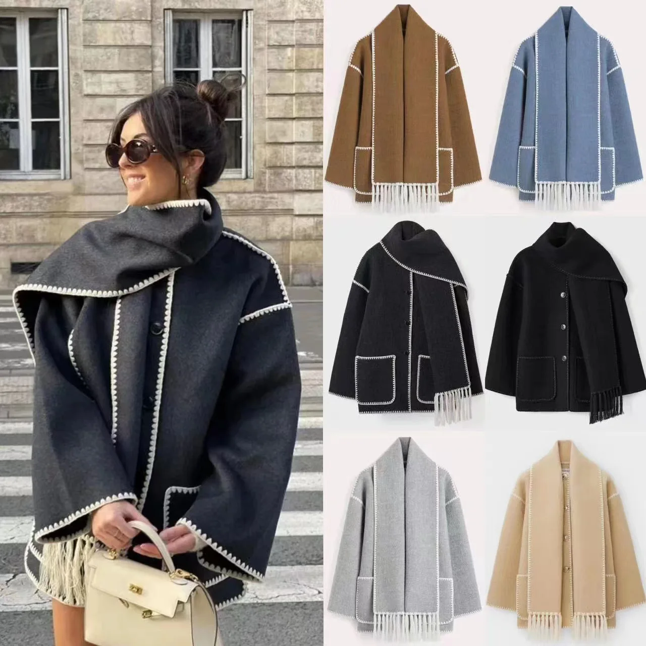 2024 Autumn/Winter New Fashionable Women's Woolen Coat Thickened Loose with Scarf Tassel Women's Style