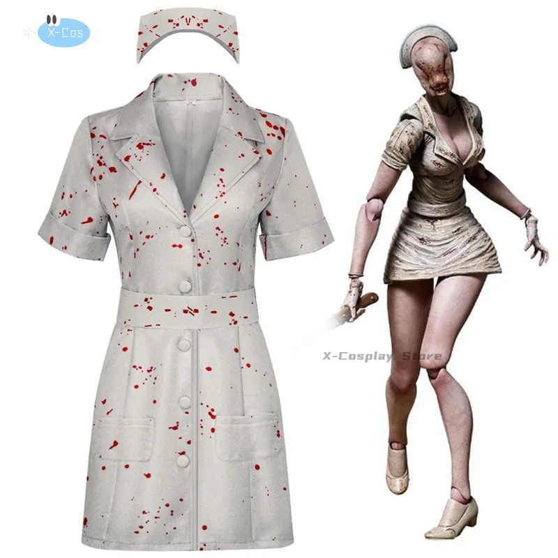 Zombie Krankens ch wester Cosplay Uniform Anime Silent Hill 2 Kostüm Blutfleck Kleid Hut Set Halloween Party Rollenspiel Terror Krankens ch wester Outfit