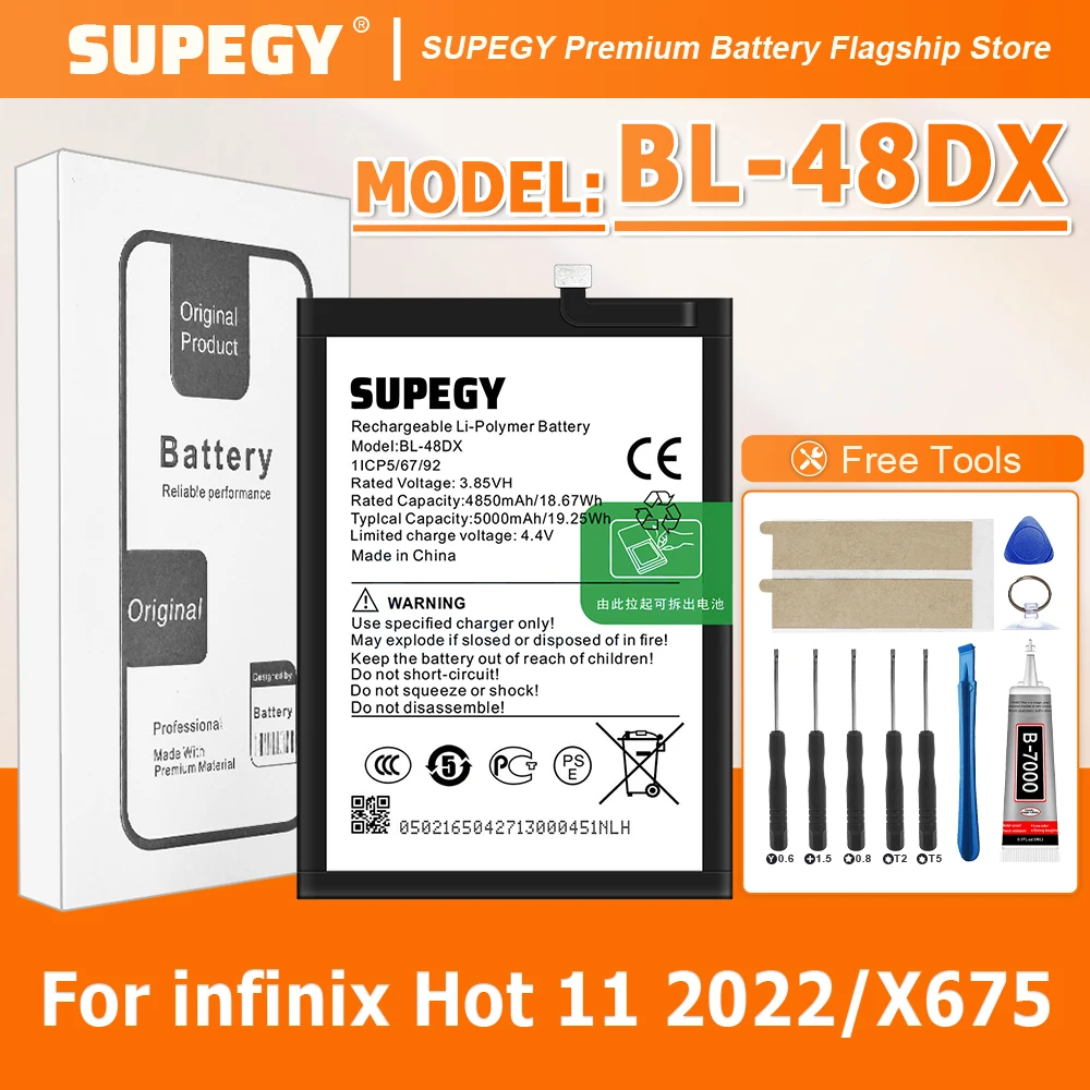 

SUPEGY 100% New High Quality BL-48DX Battery For infinix HOT 11 2022/ X675 mobile phone Bateria+ Free Tools