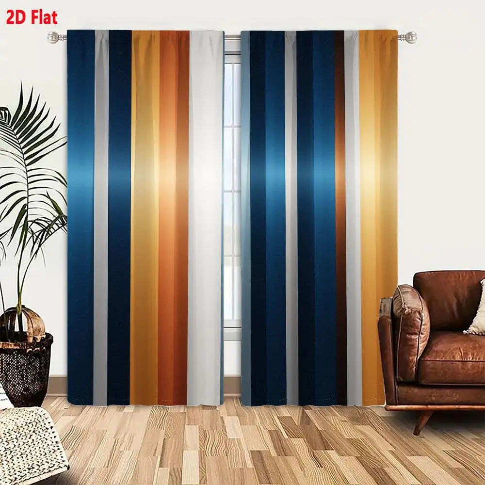 2Pcs Curtains 2D Flat Vertical Stripes Pattern With Blue White Orange And Brown Shades Gradient Metallic Sheen Symmetrical Decor