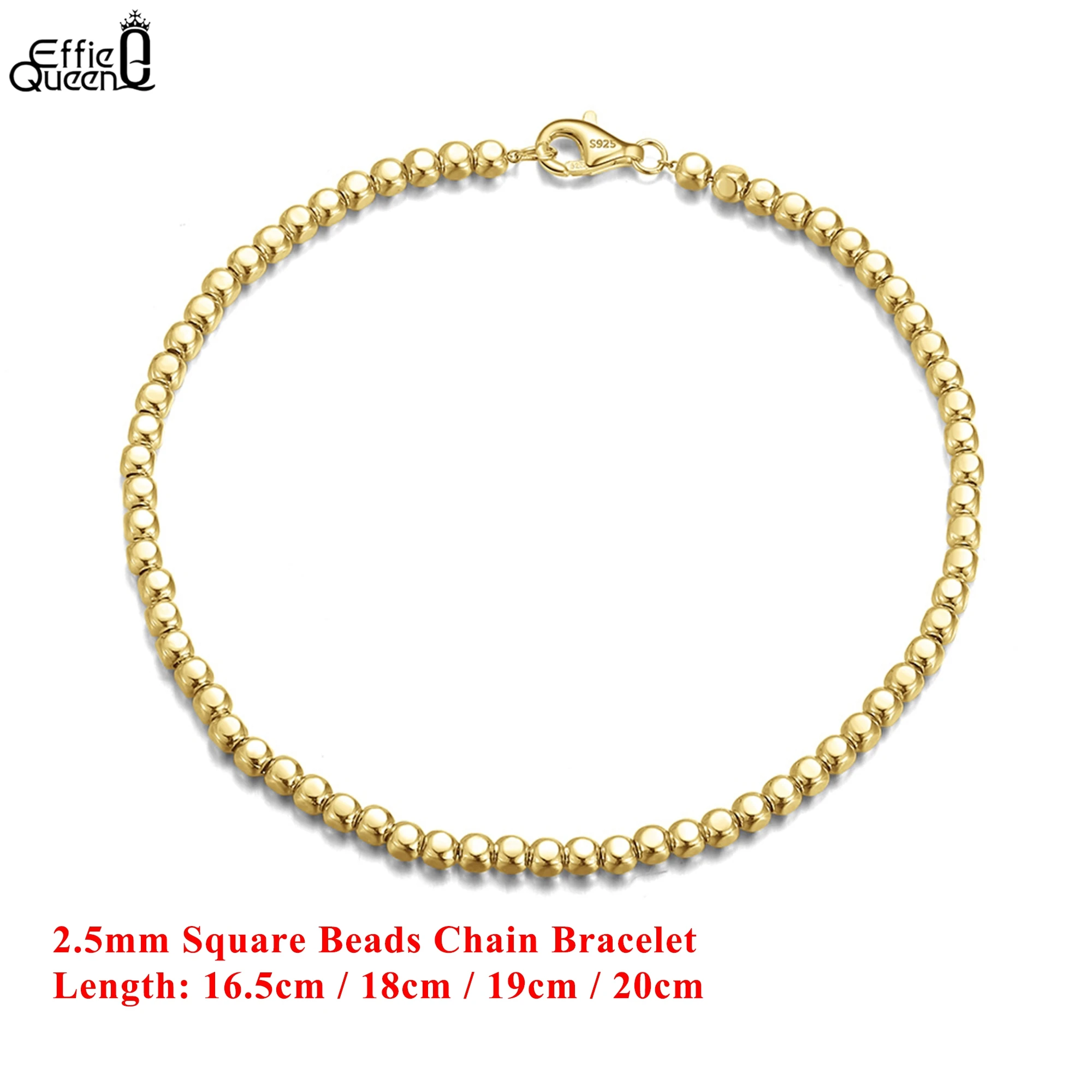 

EFFIE QUEEN 100% 925 Sterling Silver 14k Gold Square Beads Chain Bracelet Simple Jewelry for Women, Men Wedding Party Gift SB124