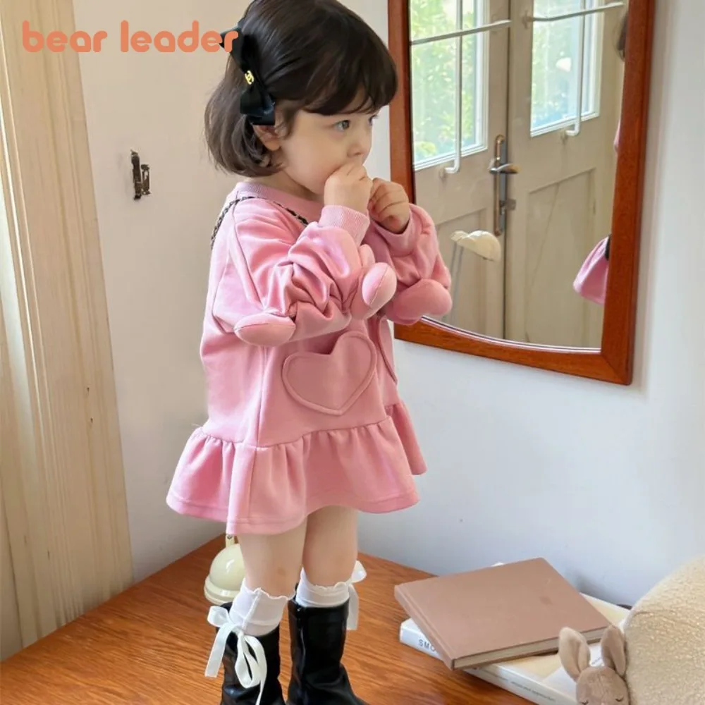 

Bear Leader Korean Style Pink Baby Girl Dresses Autumn Spring 2-6 Y Solid Color Children's Clothing Long Sleeved Love Kids Dress