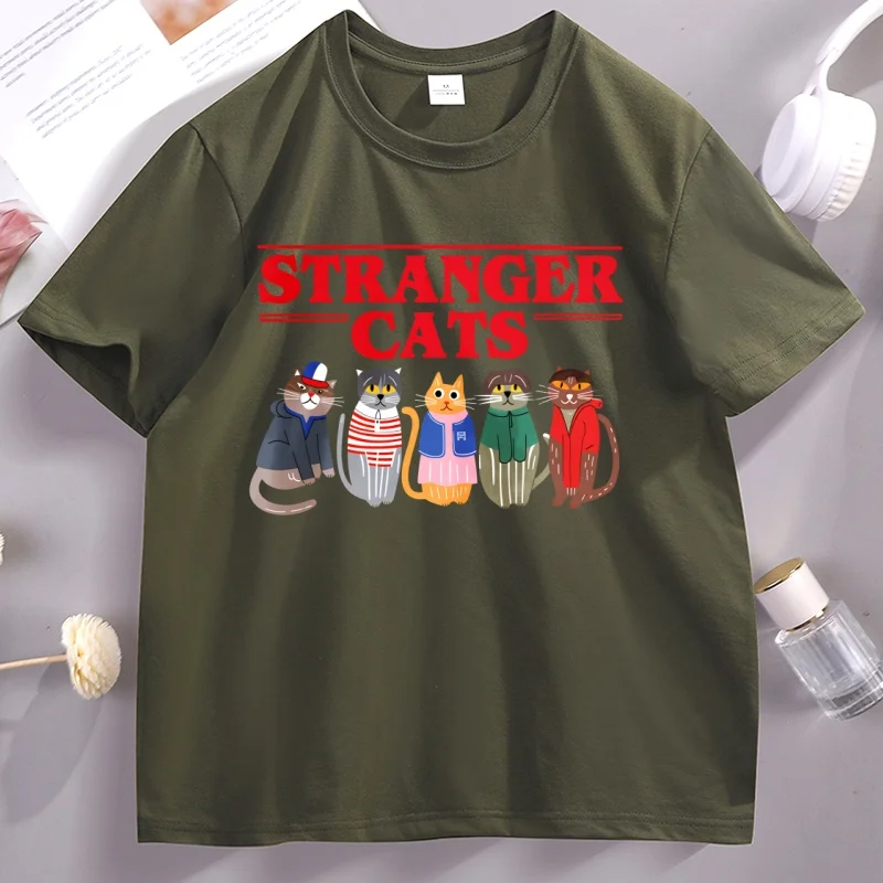 Stranger Cats T-Shirt Funny Printed Cotton Short Sleeve Loose Tee Shirt Soft High Quality O Neck Tshirt Breathable Casual Tops