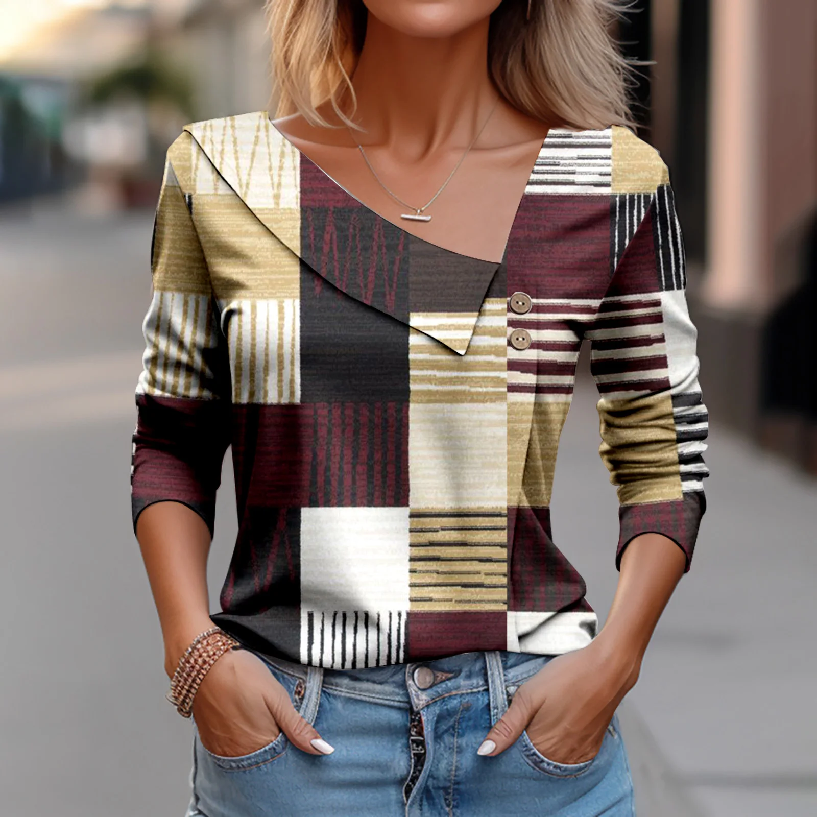 Fashion Gradient Plaid 2024 Autumn V-neck Shirt With Buttons Lady Everything Casual Harajuku Design Sense Pullover Spring Blouse